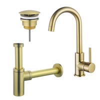 Fortifura Calvi Wastafelkraanset - hoge wastafelkraan - draaibare uitloop - always open plug - design sifon - Geborsteld Messing PVD (Goud) SW809349/SW696208/SW696213