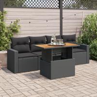 5-delige Loungeset met kussens poly rattan zwart