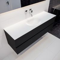Mondiaz Vica Moon badmeubel zwart mat 150 cm 2 lades solid surface enkele spoelbak midden zonder kraangat