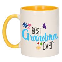 Cadeau koffie/thee mok voor oma - geel/blauw - beste oma - keramiek - 300 ml   - - thumbnail