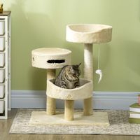 PawHut kattenboom, 70 cm, krabpaal voor katten met kattenbedden, klimboom, kattenboom met muisspeeltje en speelgoedbal met bel, kattenmeubilair, beige - thumbnail