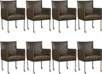 Set van 8 Grijze leren moderne kuipstoel Desire - poot rond rvs met wiel - Granada leer Ash (grijs leer)