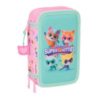 Driedubbele Pennenzak SuperKitties Roze Turkoois 12,5 x 19,5 x 5,5 cm 37 Onderdelen