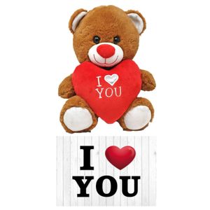 Donker bruine pluche knuffelbeer 20 cm incl. Valentijnskaart I Love You