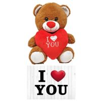 Donker bruine pluche knuffelbeer 20 cm incl. Valentijnskaart I Love You