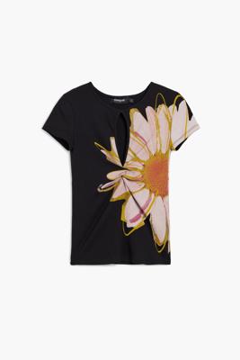 T-shirt met korte mouwen, bloem en opening - BLACK - M