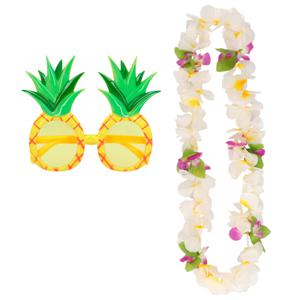 Tropische Hawaii party verkleed accessoires set - Ananas zonnebril - en bloemenkrans wit