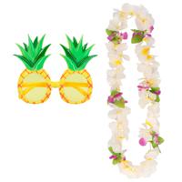 Tropische Hawaii party verkleed accessoires set - Ananas zonnebril - en bloemenkrans wit - thumbnail