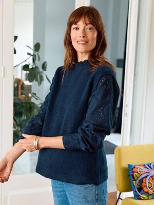 Bi-materiaal trui voor borstvoeding marineblauw