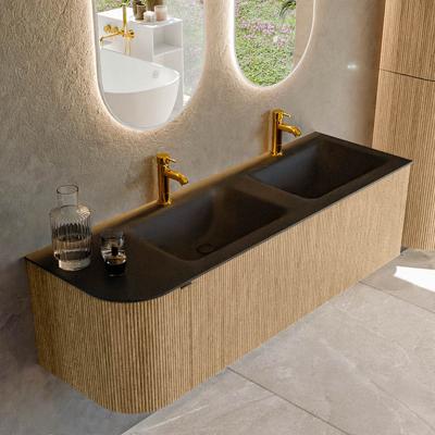 Badmeubel Mondiaz Kurve | 145 cm | Meubelkleur Oak | Wastafelkleur Urban | Dubbele spoelbak | 2 kraangaten