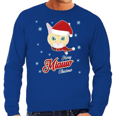 Foute Kersttrui Merry Miauw Christmas Kerst kat blauw voor heren