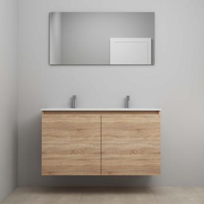 On-Line Badkamermeubelset - 120 cm - Voorgemonteerd - Greeploos 2 Deuren - Porseleinen Wastafel - 2 Kraangaten - Spiegel - Eiken