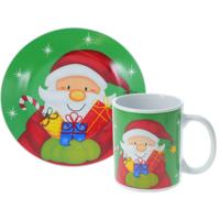 Kerst servies setje - bordjes, beker - 2-delig - groen met kerstman - voor kinderen