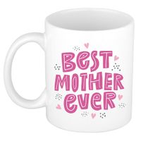 Best mother ever moederdag cadeau mok / beker wit met roze letters en kleine hartjes - thumbnail