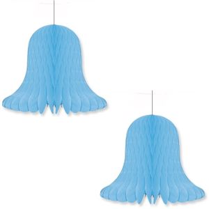 2x Kerstversiering lichtblauwe kerstklokken lampionnen 30 cm