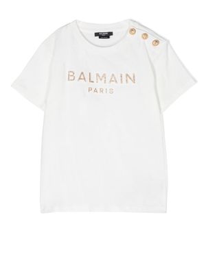 Balmain Kids t-shirt orné de clous à logo pailleté - Blanc