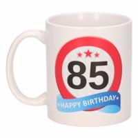 85 jaar Verjaardag koffiemok - cadeau beker - stopbord print - 300 ml - keramiek - wit