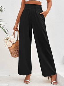 Cotton Casual Plain Paperbag Waist Wide Leg Pants