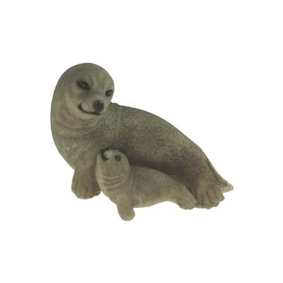 Beeldje zeehond met baby - grijs - polystone - 11 cm - tuindecoratie dier