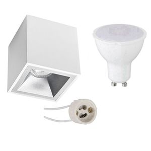 Opbouwspot Set - Pragmi Cliron Pro - GU10 Fitting - Opbouw Vierkant - Mat Wit/Zilver - 4W - Natuurlijk Wit 4200K - Verdiept - 90mm