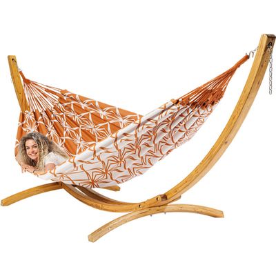 Familie hangmat met houten standaard - 400x180cm - Oranje - 200kg draagkracht- 100% katoen - binnen & buiten
