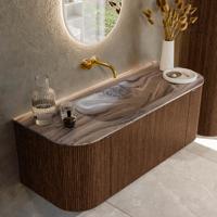 Badmeubel Mondiaz Kurve-Dlux | 120 cm | Meubelkleur Walnut | Wastafelkleur Sombra | Solid surface | Wasbak midden spoelbak | Zonder kraangat(en)