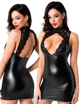 * NOIR handmade Wetlook mini jurkje met kant, F343