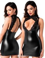 * NOIR handmade Wetlook mini jurkje met kant, F343