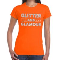 Glitter and Glamour zilver glitter tekst t-shirt oranje dames - thumbnail