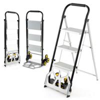 Opvouwbare Steekwagen en 2-in-1 Ladder Aluminium Trapladder met 3 Treden en Antislipvoeten