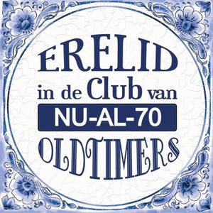 Delfts blauwe teksttegel 70 jaar oldtimers   -