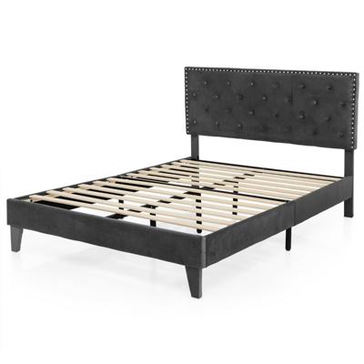Tweepersoonsbed 140x200 cm Bedframe met Hoofdbord met Rugleuning Houten Lattenbodem Gestoffeerd Bed 31 cm Hoog Grijs