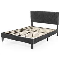 Tweepersoonsbed 140x200 cm Bedframe met Hoofdbord met Rugleuning Houten Lattenbodem Gestoffeerd Bed 31 cm Hoog Grijs