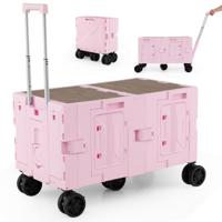 Vouwbare Bolderwagen Handwagen met Tafelblad & 2 Kisten & Verstelbare Handgreep & Drinkhouders Roze