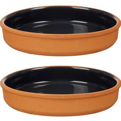 Tapas serveerschaal - 2x stuks - terracotta - zwart - D23 x H4 cm - hapjes serveren - ovenschaal - r