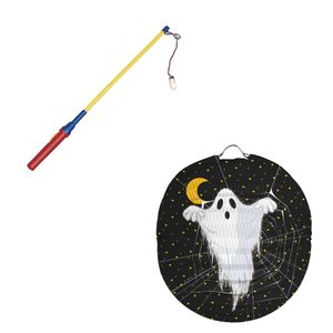 Ronde lampion 22 cm spook zwart inclusief lampionstokje