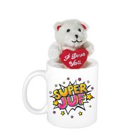 Juffendag cadeau Super juf pop art beker / mok 300 ml met beige knuffelbeertje met love hartje