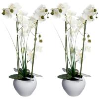 Orchidee bloemen kunstplant in witte bloempot - 2x - witte bloemen - H53 cm - thumbnail