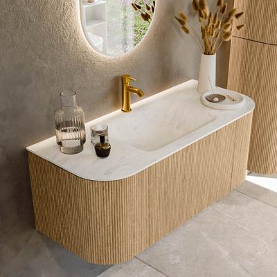 Mondiaz KURVE-DLUX 110 cm Onderkast Greeploos 1 Lade Met Deuren Oak, Wastafel Solid Surface Midden Opalo 1 Kraangat Zonder Spiegel (KRVCLO110L+R1L2D1KM-Oak/Opa)