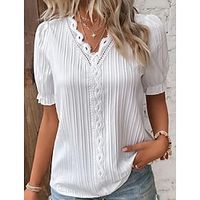 Dames Kanten overhemd Blouse Geklede topjes Effen Kleur Lapwerk Kanten rand Casual Dagelijks Elegant Basic Pofmouw Korte mouw V-hals Wit Zomer Lightinthebox