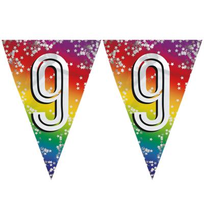 9 jaar vlaggenlijn versiering - 2x stuks - vlaggetjes - slinger - 6 meter - kunststof - glitter foli
