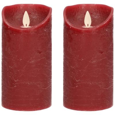 Led kaars/stompkaars - 2x - bordeaux rood - H15 x D7,5 cm - wax - warm wit licht - bewegende vlam