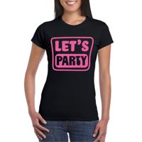 Verkleed T-shirt voor dames - lets party - zwart - glitter roze - carnaval/themafeest