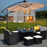 Φ300cm LED Patio Parasol met Handslinger en Kantel Aanpassing Buiten Cantilever Opknoping Markt Patio Paraplu Bourgondië/Bruin/Blauw/Beige