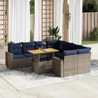 9-delige Loungeset met kussens poly rattan grijs