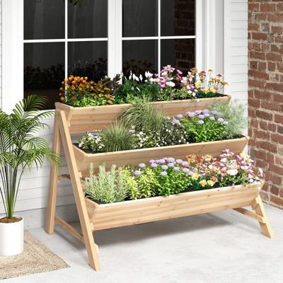 3-laags Houten Plantenbed met Opbergruimte 2 Haken en 3 Plantfolies Natuurlijk