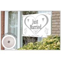 Bruiloft Just Married versiering - gevelvlag - 150 x 100 cm - met zuignappen - op raam plakken