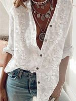 Women's Lace Stitching Cotton Linen Long Sleeve Shirt - thumbnail