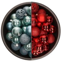 74x stuks kunststof kerstballen mix van rood en ijsblauw 6 cm - thumbnail