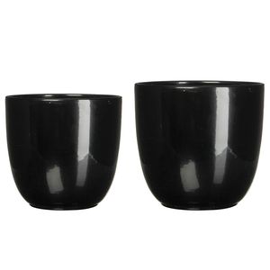 Plantenpot/Bloempot zwart glans keramiek - set 2x - D19 en D22 cm